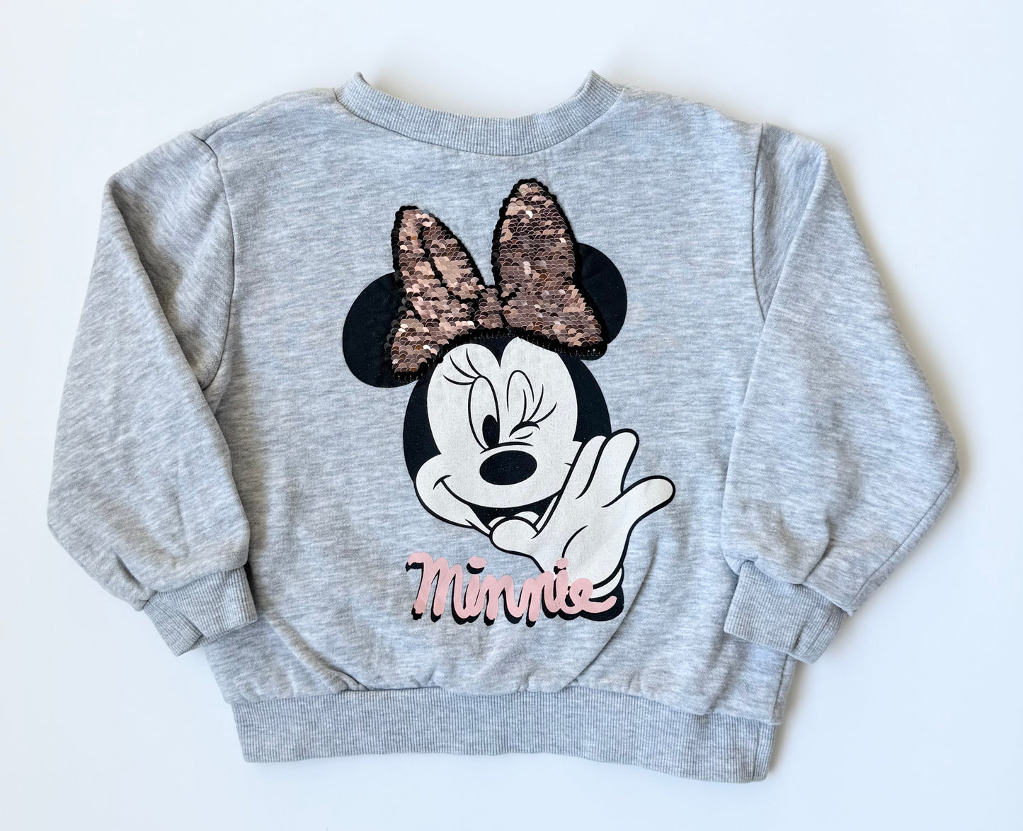 H&M x Disney Grey & Pink Sequence Bow Minnie Mouse Sweater (3-4 Years)