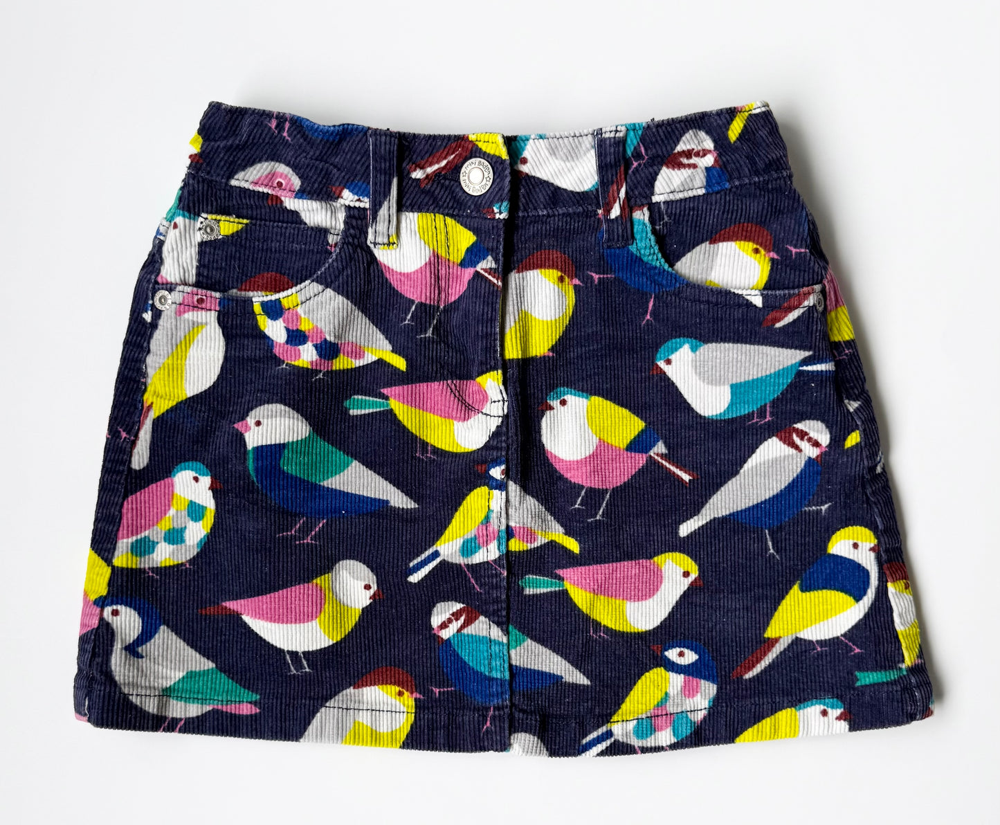 Mini Boden Navy & Colorful Birds Corduroy Skirt (7-8 Years)