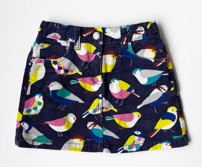 Mini Boden Navy & Colorful Birds Corduroy Skirt (7-8 Years)