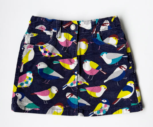 Mini Boden Navy & Colorful Birds Corduroy Skirt (7-8 Years)