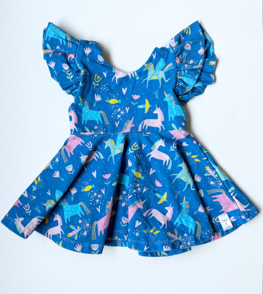 Finn & Grin Blue Unicorn Flutter Sleeve Dress (3T)