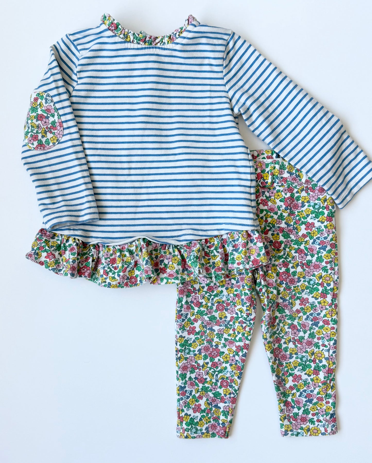 Baby Boden Hotchpotch Blue Stripe Spring Floral Print Play Long Sleeve Top & Capris Set (18-24 Months)