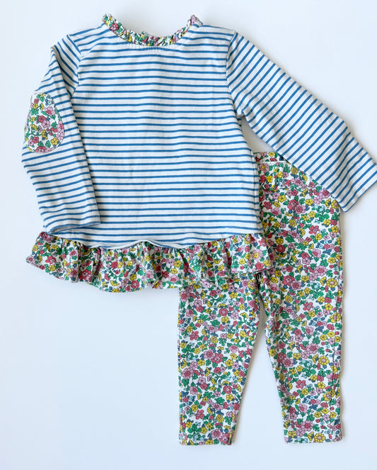 Baby Boden Hotchpotch Blue Stripe Spring Floral Print Play Long Sleeve Top & Capris Set (18-24 Months)