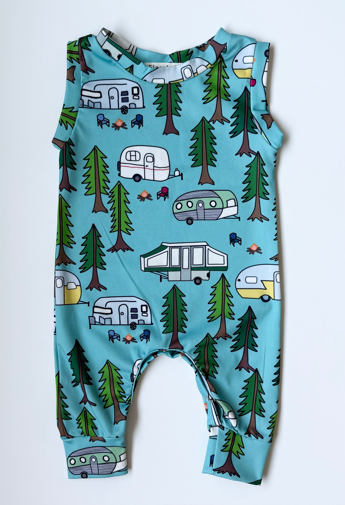 Floral Pig Blue Camping Sleeveless Jumpsuit (12-18 Months)