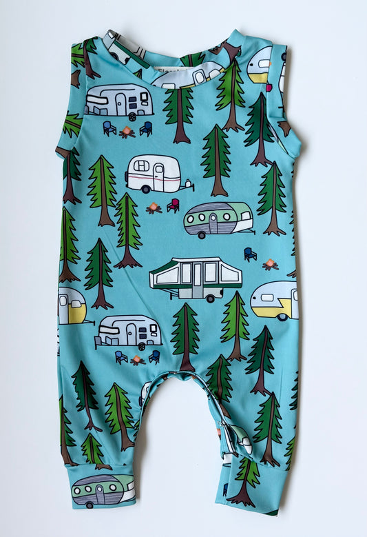 Floral Pig Blue Camping Sleeveless Jumpsuit (12-18 Months)