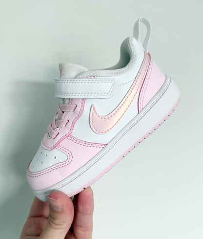 Nike Court Borough Low Recraft White & Sparkle Baby Pink Stretch Lace & Velcro Sneakers (7)