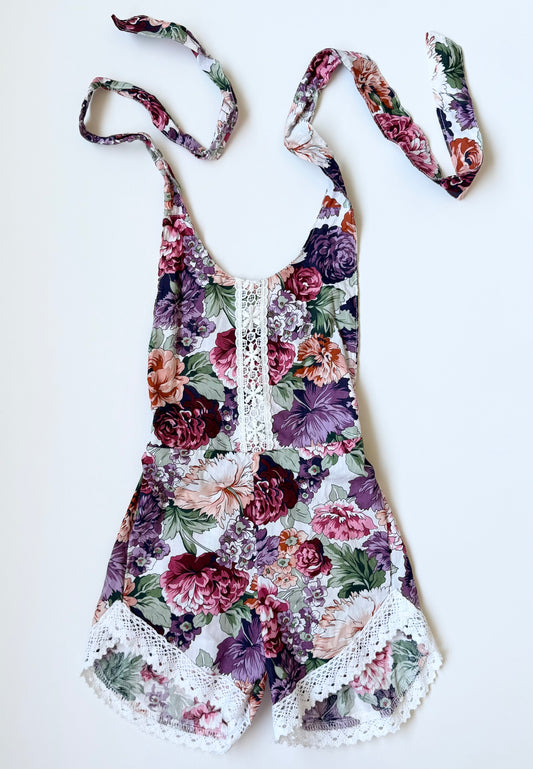 PatPat Purple Floral & Lace Halter Summer Romper (6-12 Months)