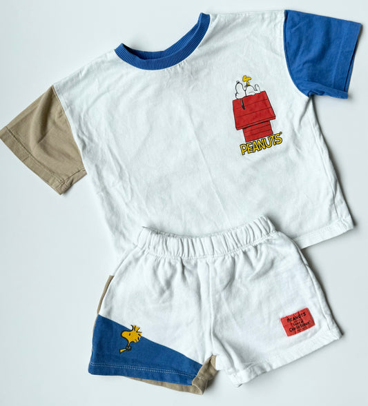Zara x Peanuts White, Beige & Blue Color Blocking T-Shirt & Matching Shorts (2 Years)