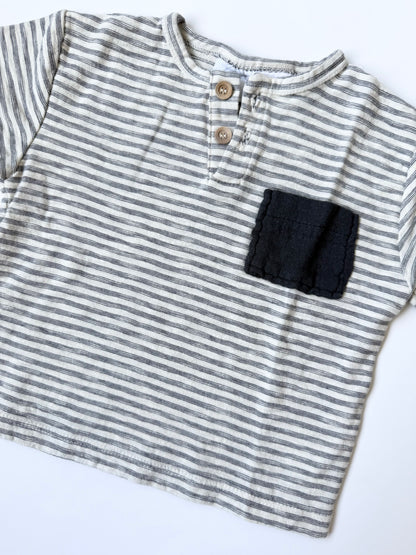 Zara Dark Grey & White Striped Two Button Pocket T-Shirt (3-6 Months)