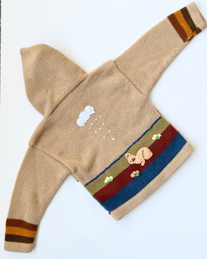 Handmade Brown Outdoor Animals Knit Hooded Zip Up Sweater (18-24 Months)