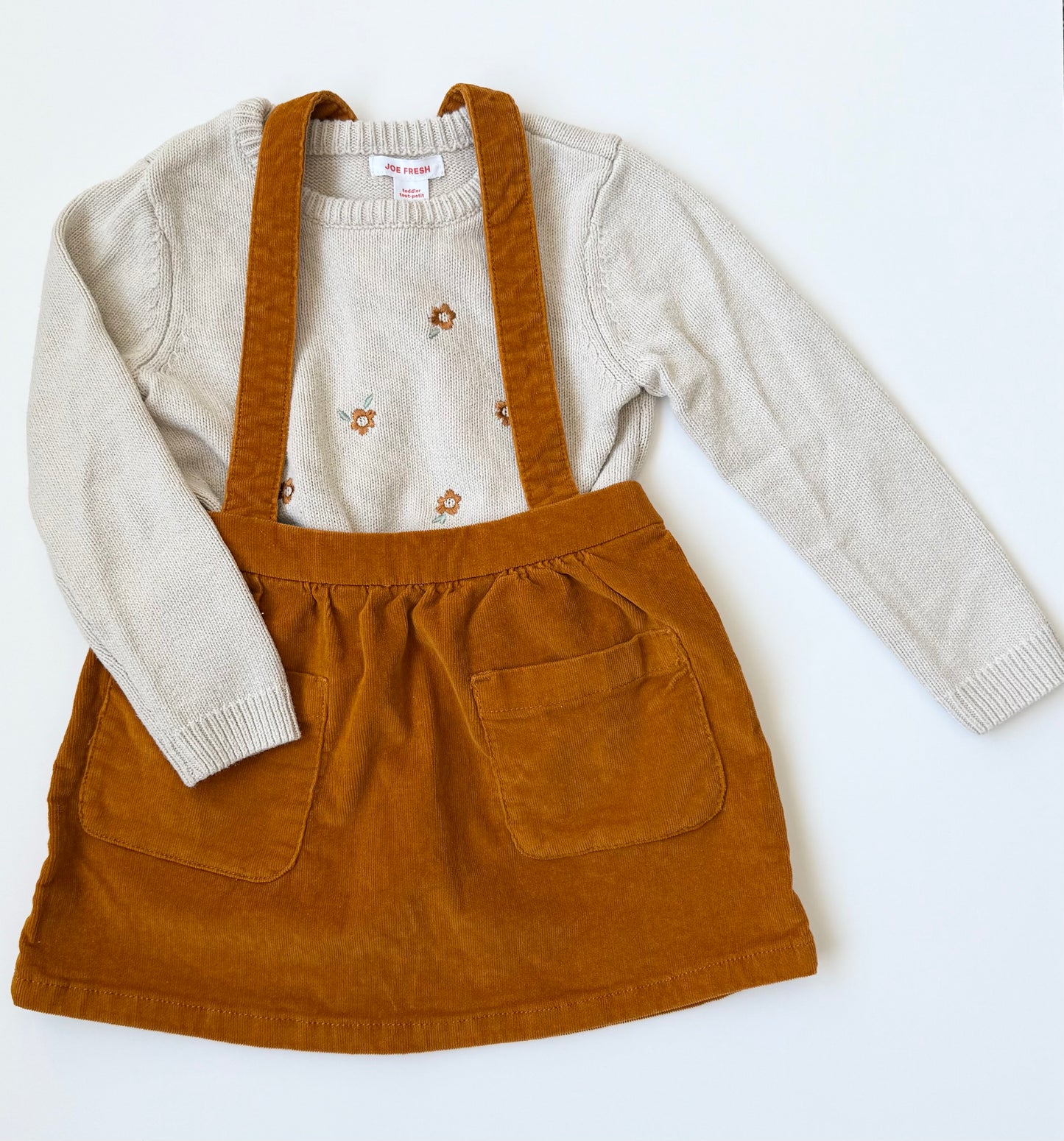 Joe Fresh Beige Floral Sweater & Orange Cordoroy Skirtall Outfit (3T)