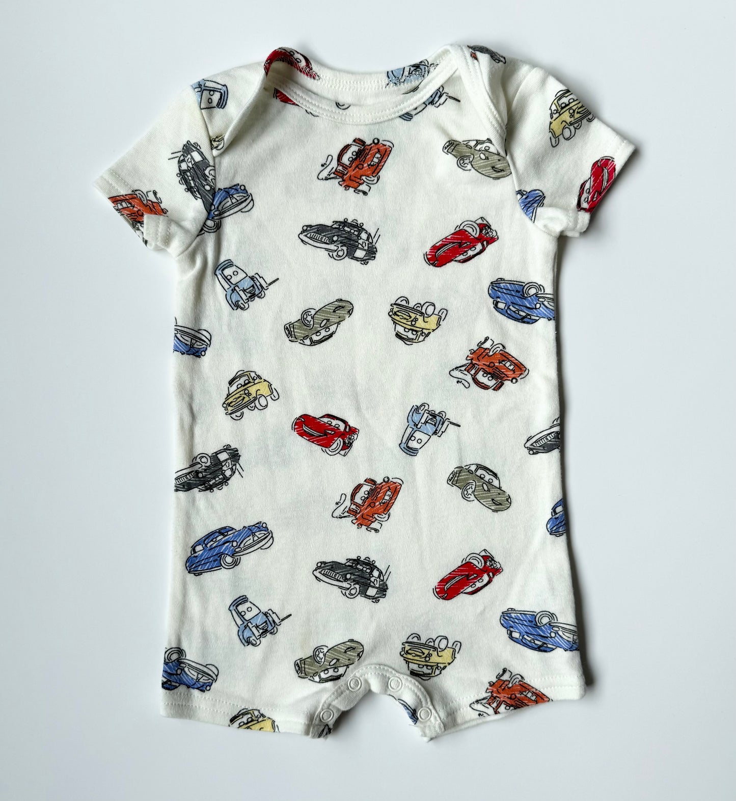 Disney Baby Pixar Cars White AOP Shorty Romper (3-6 Months)