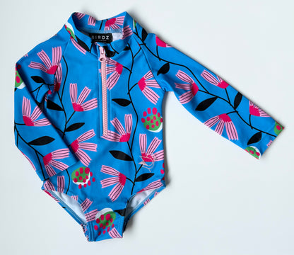 Birdz Blue & Pink Flowers Long Sleeve One Piece Swimsuit (12 Months)