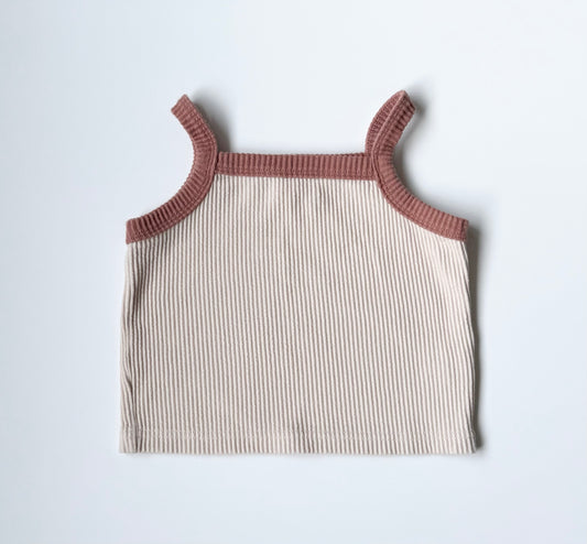 Kindly Off White & Brown Trim Ribbed Cropped Tank Top (4T)