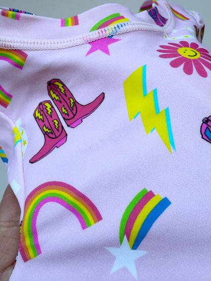 Ruffle Butts Pink Cowgirl Rainbow Long Sleeve One Piece Swimsuit (18-24 Months)