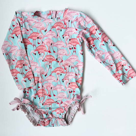 Ruffle Butts Pink & Blue Flamingo Long Sleeve One Piece Swimsuit (3T)