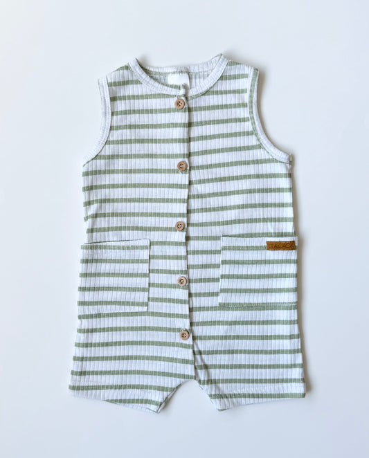 Lila & Jack Green & White Stripped Ribbed Romper (3-6 Months)