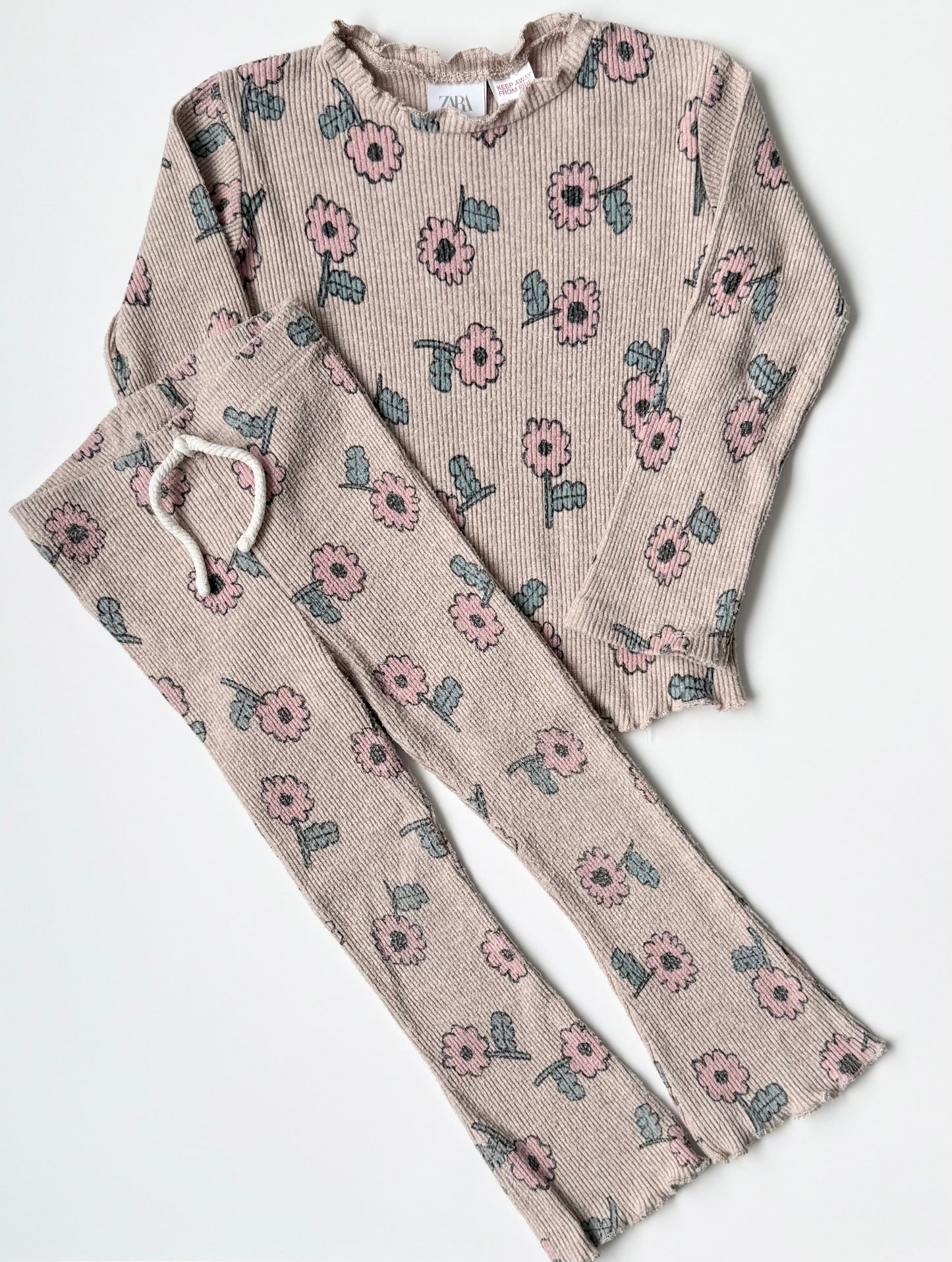 Zara Tan Ribbed Pink Flowers Long Sleeve & Leggings Set (2-3 Years)