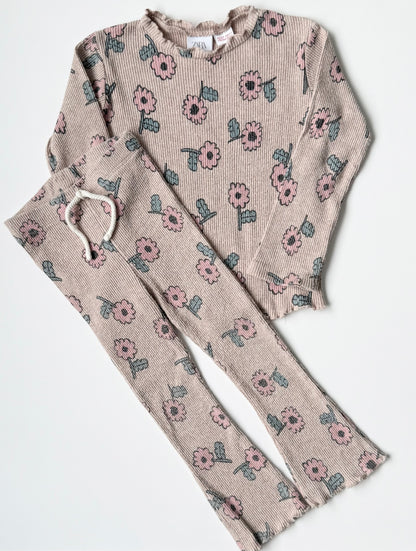 Zara Tan Ribbed Pink Flowers Long Sleeve & Leggings Set (2-3 Years)
