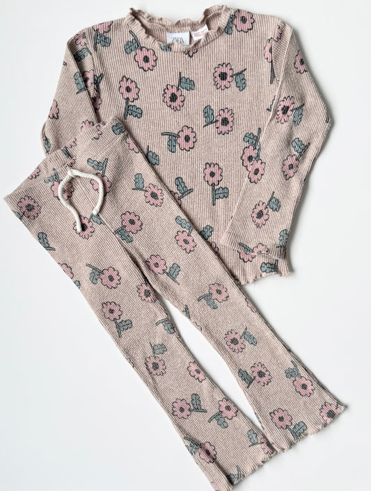 Zara Tan Ribbed Pink Flowers Long Sleeve & Leggings Set (2-3 Years)