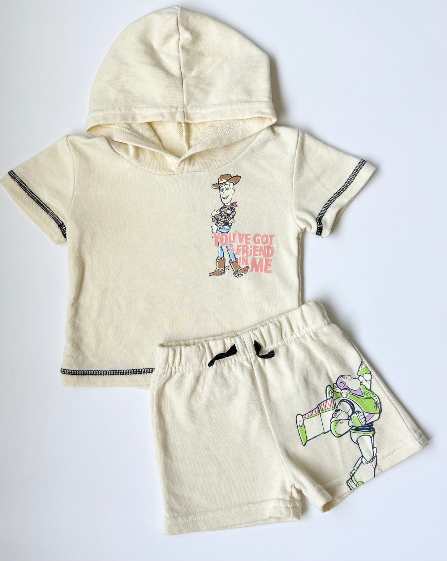 Disney Baby Pixar Toy Story Light Yellow Characters Short Sleeve Hoodie & Shorts Set (12 Months)