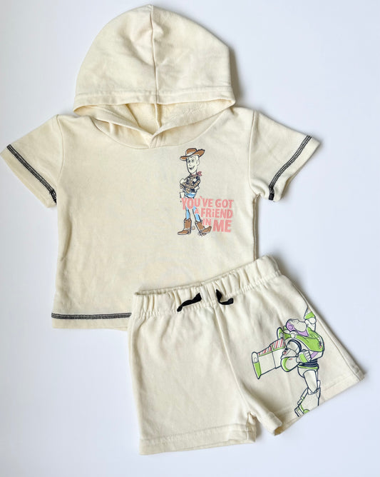 Disney Baby Pixar Toy Story Light Yellow Characters Short Sleeve Hoodie & Shorts Set (12 Months)