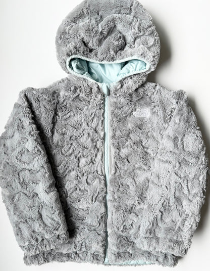 The North Face Mossbud Swirl Light Blue & Grey Fuzzy Reversible Winter Jacket (5T)