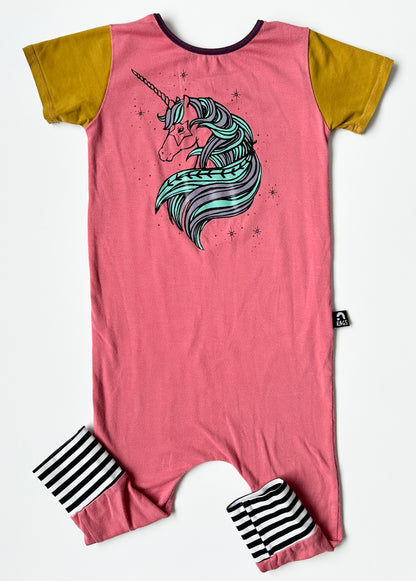 RAGS Pink & Yellow Unicorn With Stripped Cuffs Romper (2T)