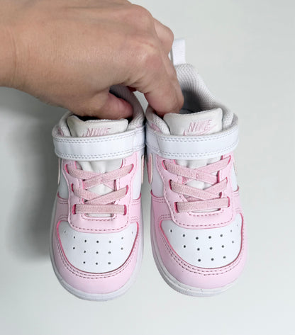 Nike Court Borough Low Recraft White & Sparkle Baby Pink Stretch Lace & Velcro Sneakers (7)