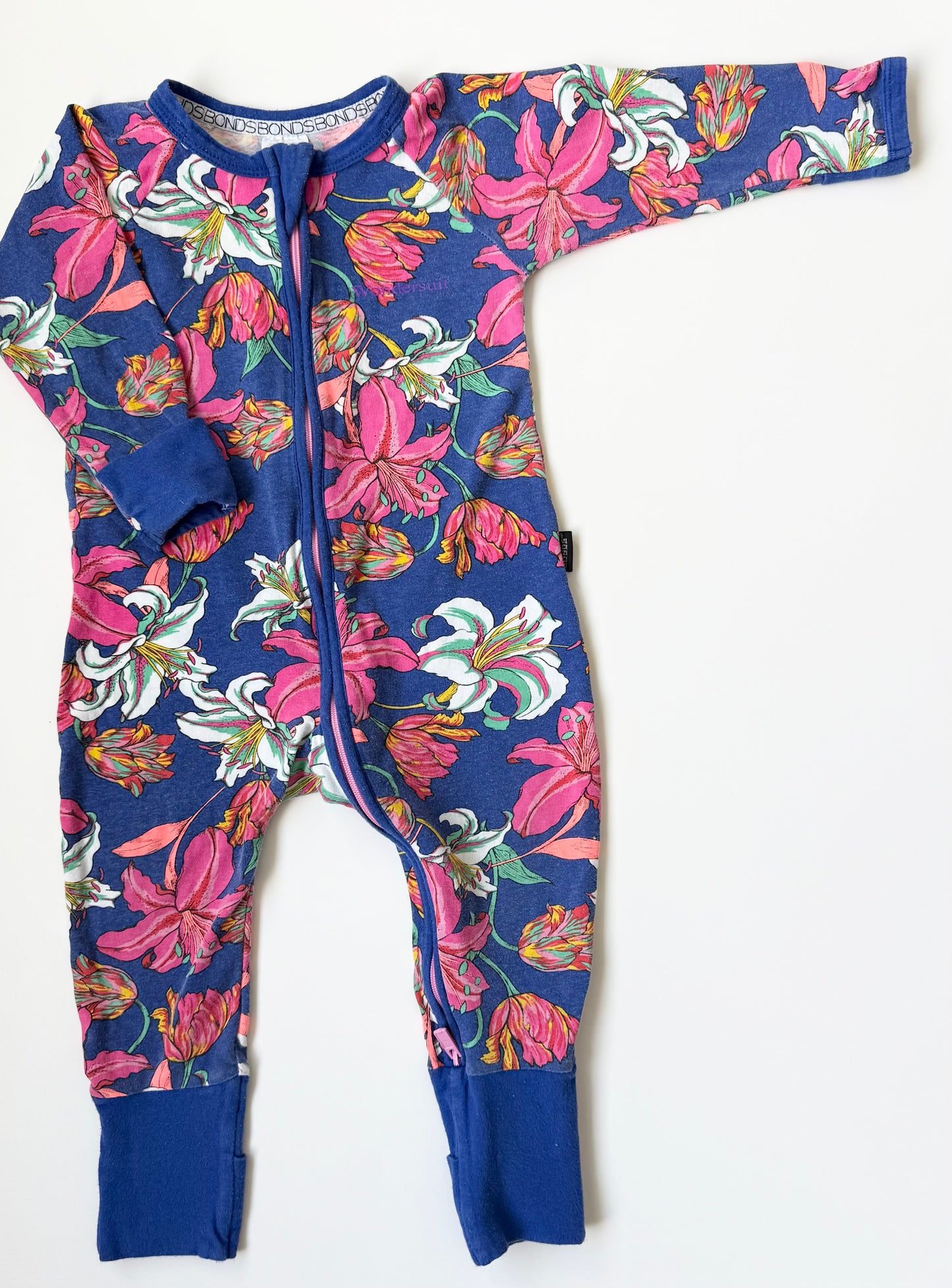 Bonds Wondersuit Blue & Paisly Pink Floral Sleeper Romper (6-12 Months)