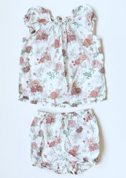 H&M White & Antique Floral Short Sleeve & Bloomer Shorts Set (18-24 Months)