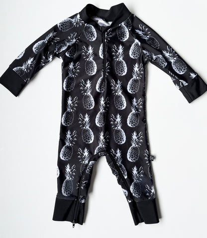 Honeysuckle Swim Co. Black & White Pineapples Full Rashguard One Piece (6-12 Months)
