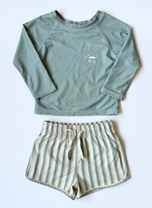 Rylee & Cru Light Green & Beige Striped Swim Trunks & Long Sleeve Swim Top Set (12-18 Months)