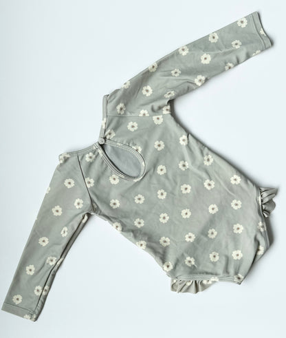 Quincy Mae Light Grey & White Floral Long Sleeve One Piece Swimsuit (6-12 Months)