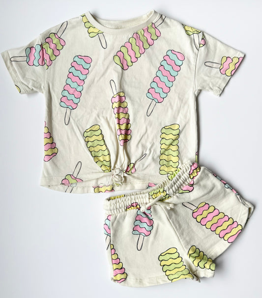 Zara Light Yellow Popsicles Knot T-Shirt & Matching Shorts (18-24 Months)