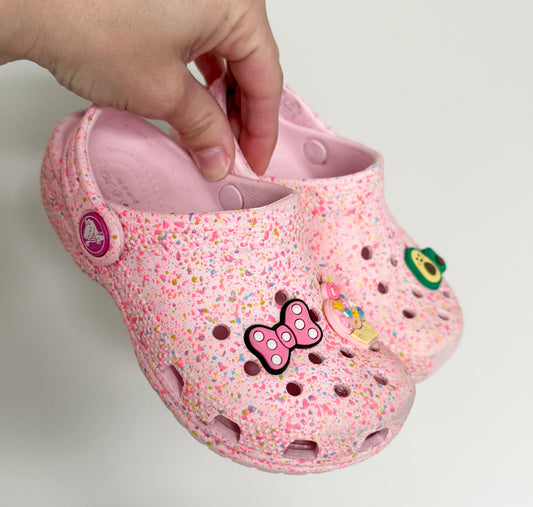 Crocs Pink Sprinkle Clogs With Fun Jibbitz Slip Ons (9/10C)