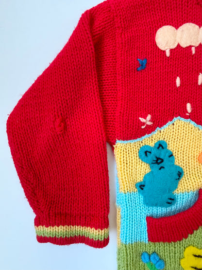 Handmade Red & Yellow Farm Knit Hooded Zip Up Sweater (18-24 Months)
