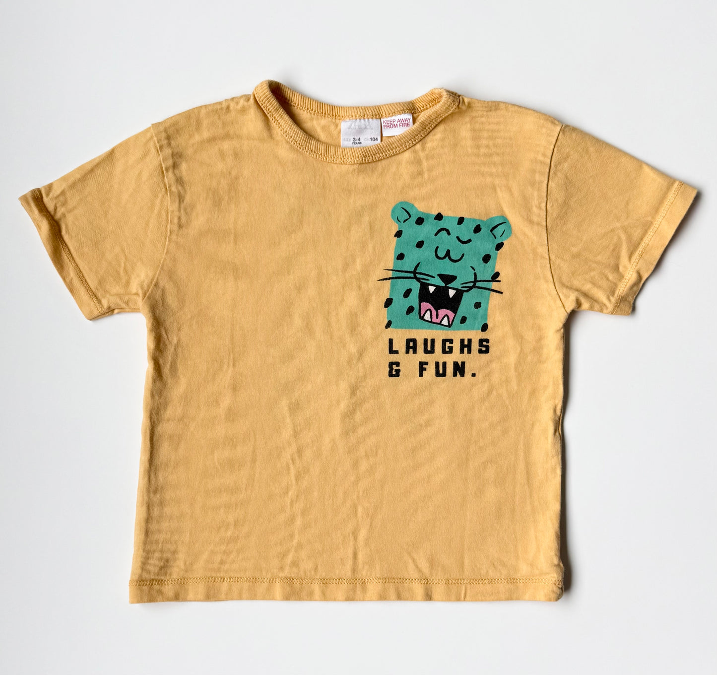 Zara Yellow & Green Tiger “Laughs & Fun” T-Shirt (3-4 Years)