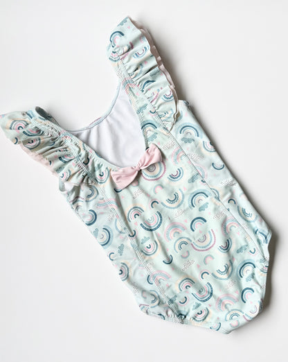 Ruffle Butts Light Blue Rainbows Ruffle Shoulder/Front One Piece Swimsuit (8 Years)