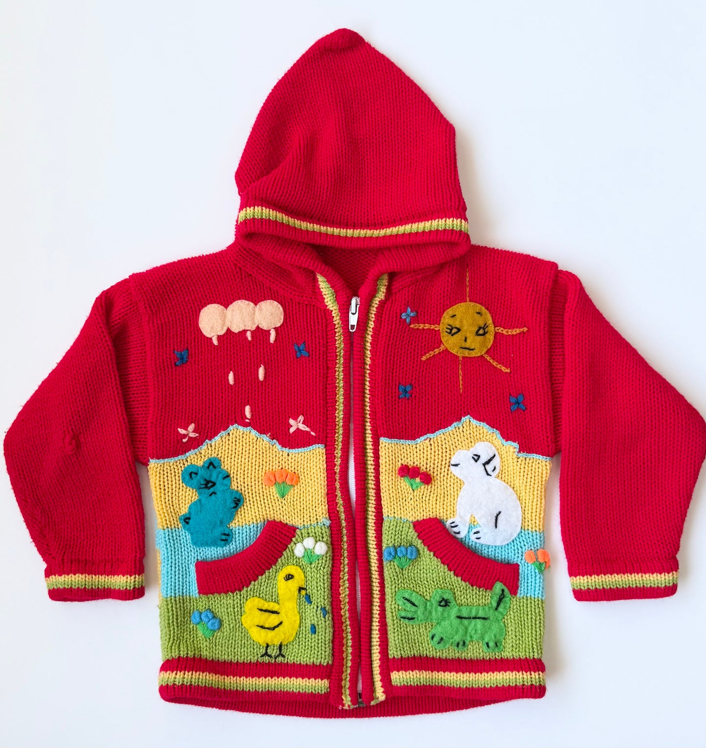 Handmade Red & Yellow Farm Knit Hooded Zip Up Sweater (18-24 Months)