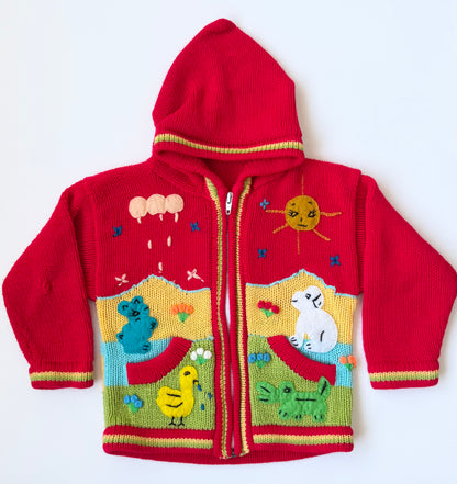 Handmade Red & Yellow Farm Knit Hooded Zip Up Sweater (18-24 Months)