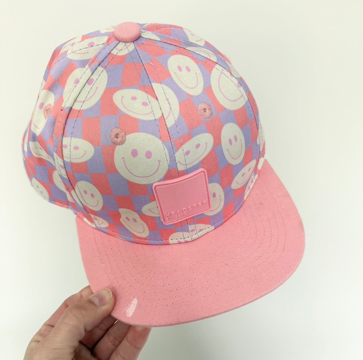 Headster Pink Smiley Checkered SnapBack Hat (52CM)