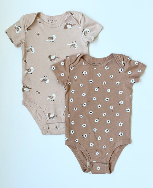 Petit Lem Brown Flowers & Birdies Short Sleeve Bodysuit Bundle (12 Months)