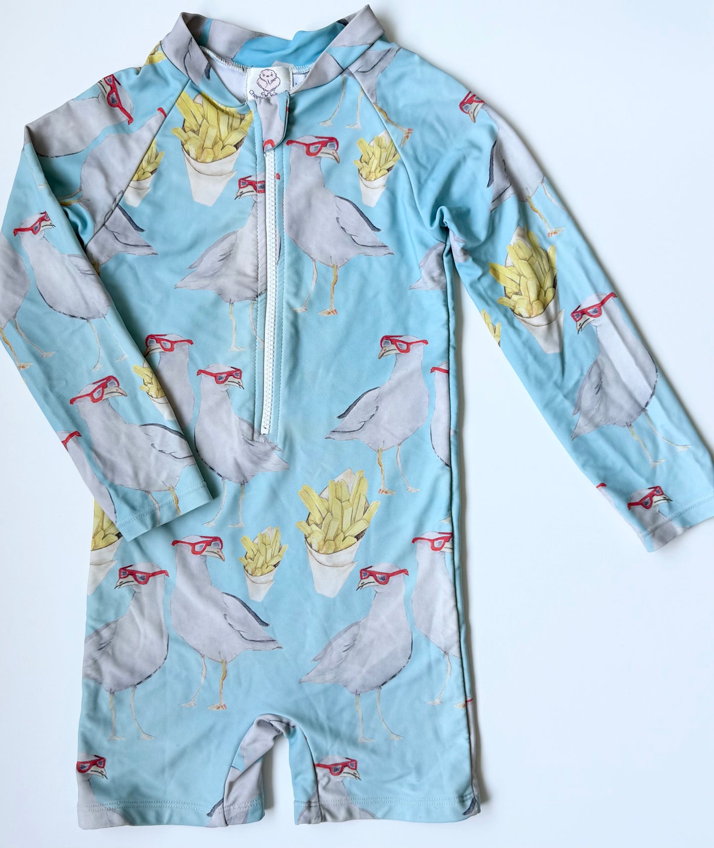 Cheeky Chickadee Light Blue Seagull Fries Long Sleeve Rashguard One Piece Swimsuit (5T)