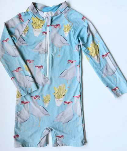 Cheeky Chickadee Light Blue Seagull Fries Long Sleeve Rashguard One Piece Swimsuit (5T)