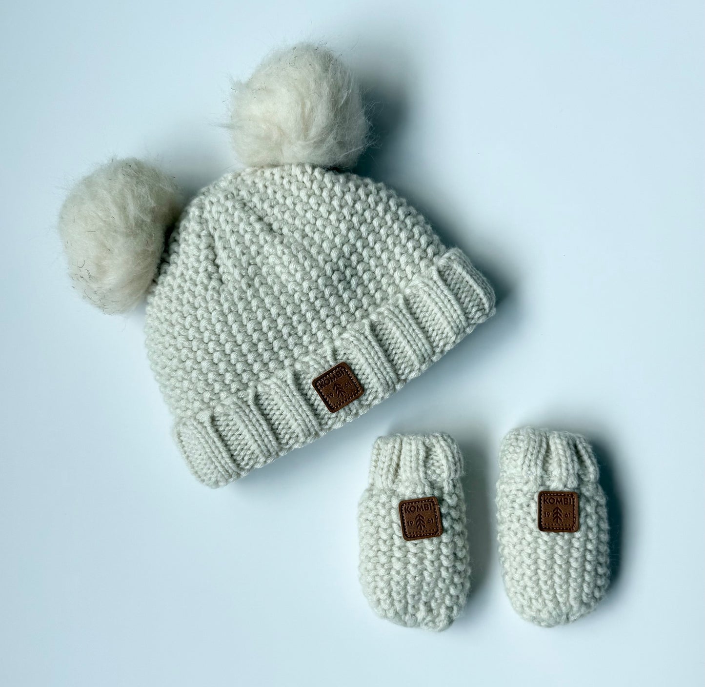 Kombi White Knit Double Pom Toque & Matching Mittens (3-9 Months)