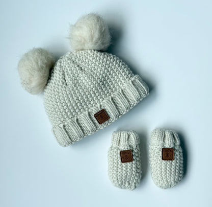 Kombi White Knit Double Pom Toque & Matching Mittens (3-9 Months)
