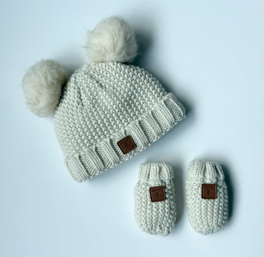 Kombi White Knit Double Pom Toque & Matching Mittens (3-9 Months)