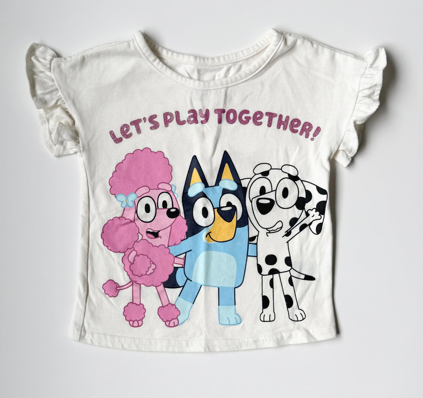 Bluey White “Let’s Play Together” Ruffle Sleeveless Top (3T)