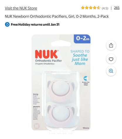 NUK Orthodontic White & Light Pink Pacifiers - New